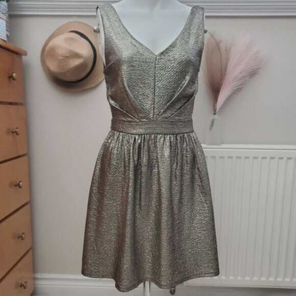 EVENING- One Clothing- Warm Silver-Metallic Skater Pleated Party Dress- Small - Picture 2 of 16